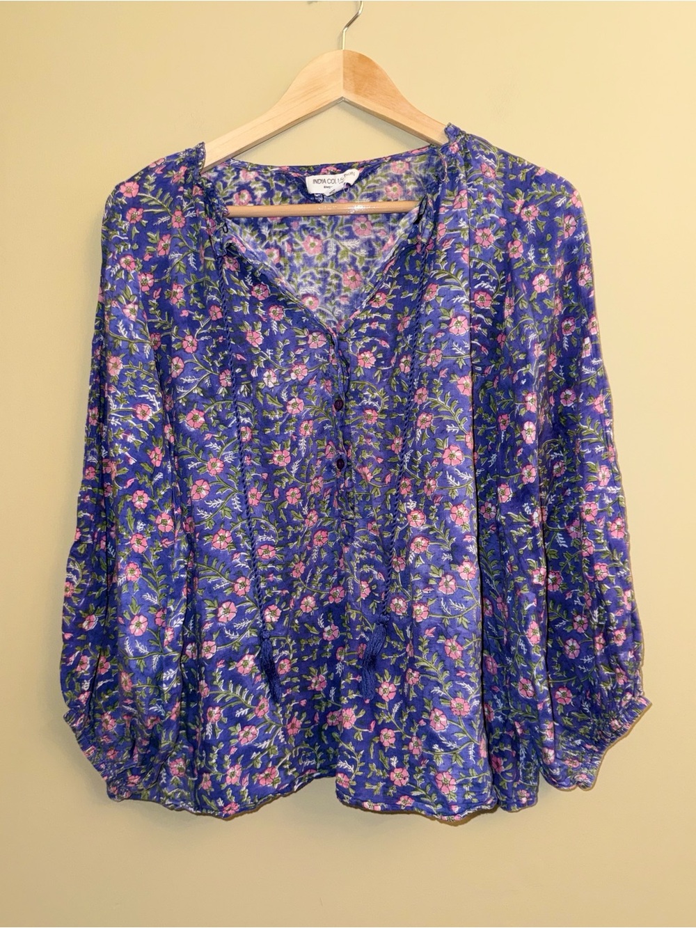 India Collection 3/4 Sleeve Purple Floral Fairy Cotton Top XS Oversized Summer